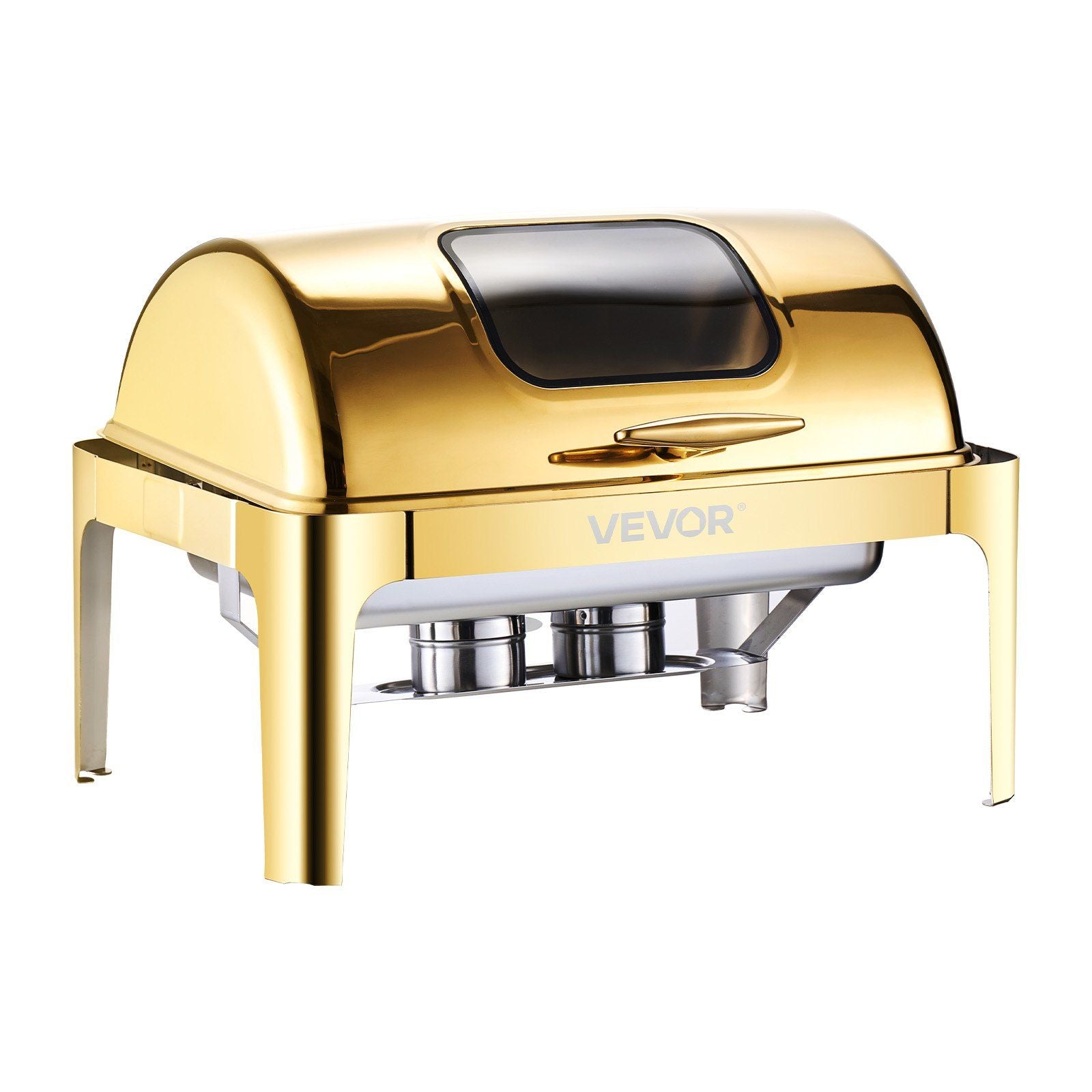 Roll Top Chafing Dish Buffet Complete Set, 9Qt Stainless Steel Chafer with Full Size Pan, Rectangle Catering Warmer Server with Visible Lid Water Pan Folding Stand Fuel Holder Meal Clip, Gold