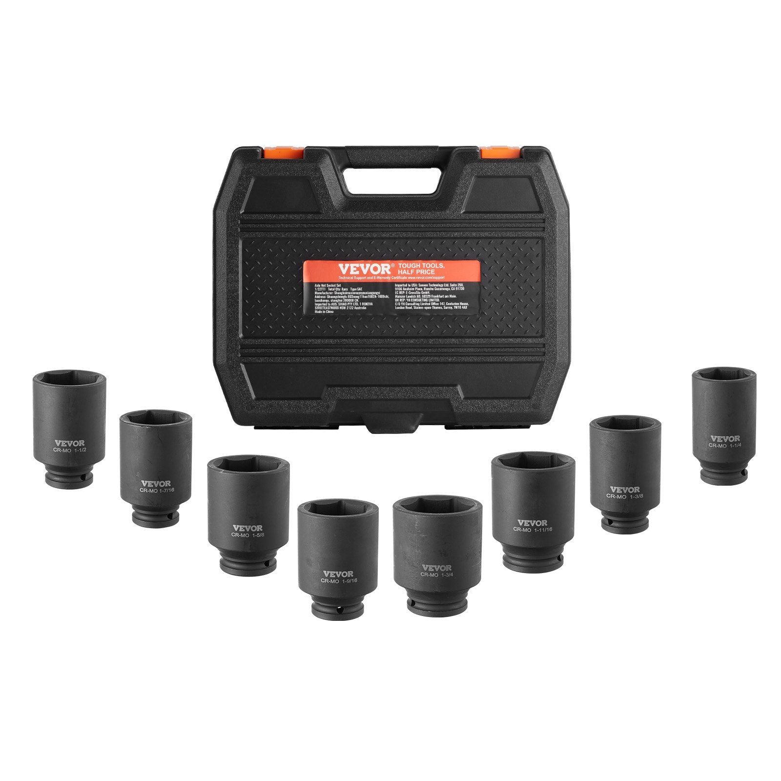 Axle Nut Impact Socket Set, 1/2" Drive Deep 6-Point 8-Piece SAE Spindle Nut Socket Set, CR-MO Heat Treated Large Socket Set with Storage Case, for Auto Repair, Removing or Installing Axle Nuts