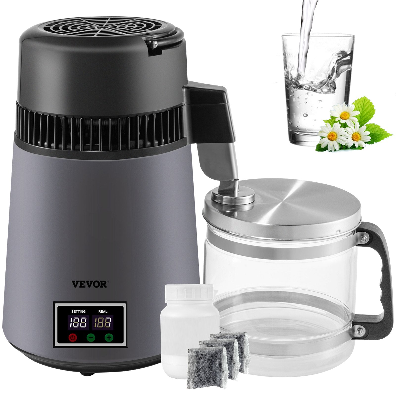 VEVOR Home Water Distiller Distilled Water Maker 4 L with Dual Temp Display Grey