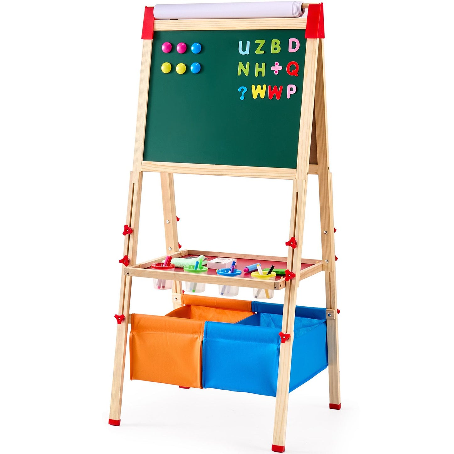 Art Easel for Kids, 3-in-1 Wooden Double-Sided Kid's Art Easel with Magnetic Whiteboard, Chalkboard, Paper Roll, Adjustable Standing Drawing Board with Painting Accessories, Storage for Boy Girl