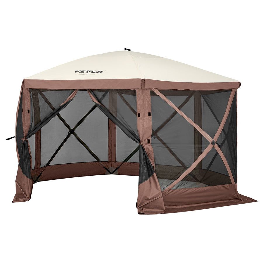 VEVOR Pop Up Gazebo Tent, Pop-Up Screen Tent 6 Sided Canopy Sun Shelter with 6 Removable Privacy Wind Cloths & Mesh Windows, 12.5x12.5FT Quick Set Screen Tent with Mosquito Netting, Brown