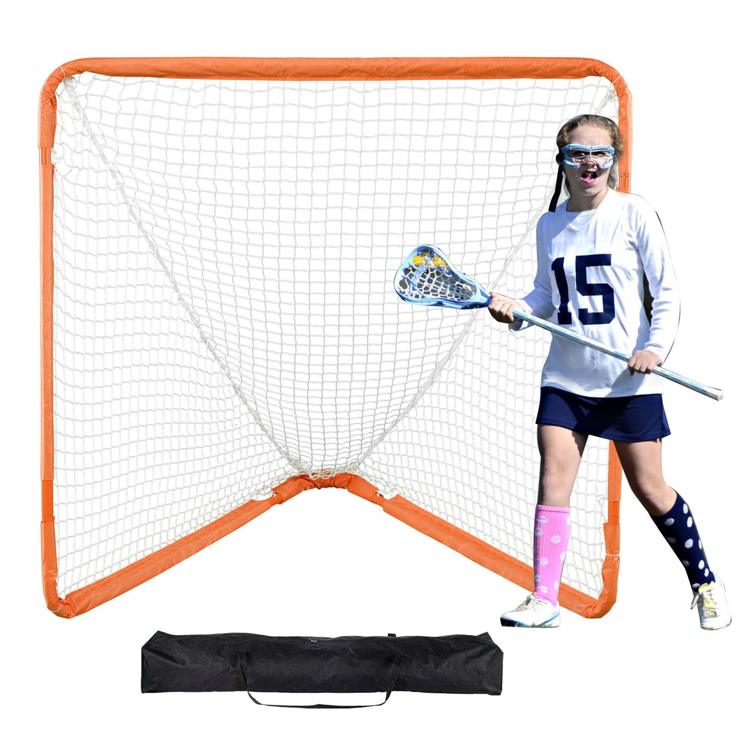 Lacrosse Goal, 1.2 mx 1.2 m Small Kids Lacrosse Net, Folding Portable Lacrosse Goal with Carry Bag, Iron Frame Backyard Training Equipment, Quick & Easy Setup, Perfect for Youth Training, Orange