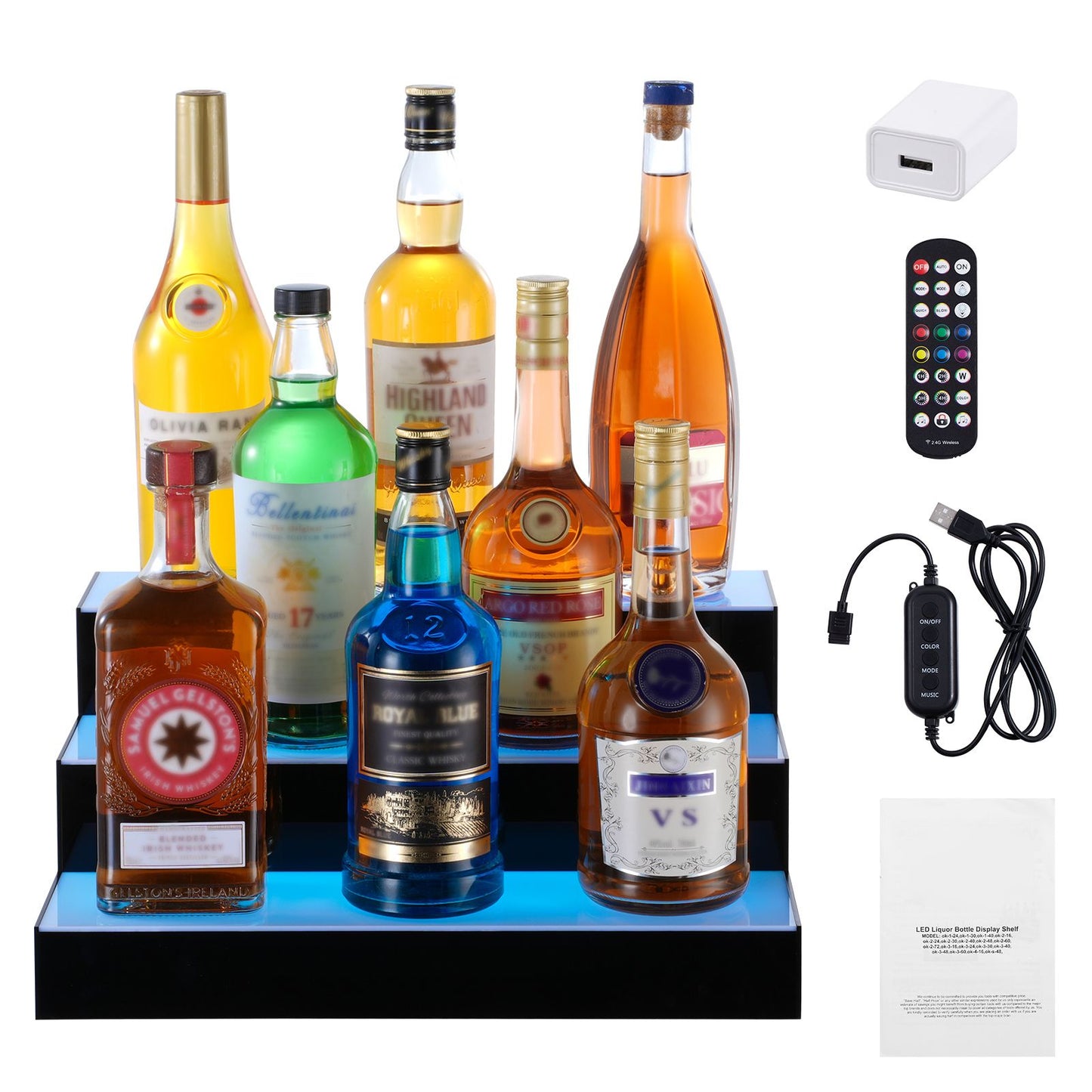 LED Lighted Liquor Bottle Display Bar Shelf RF & App Control 406mm 3-Step