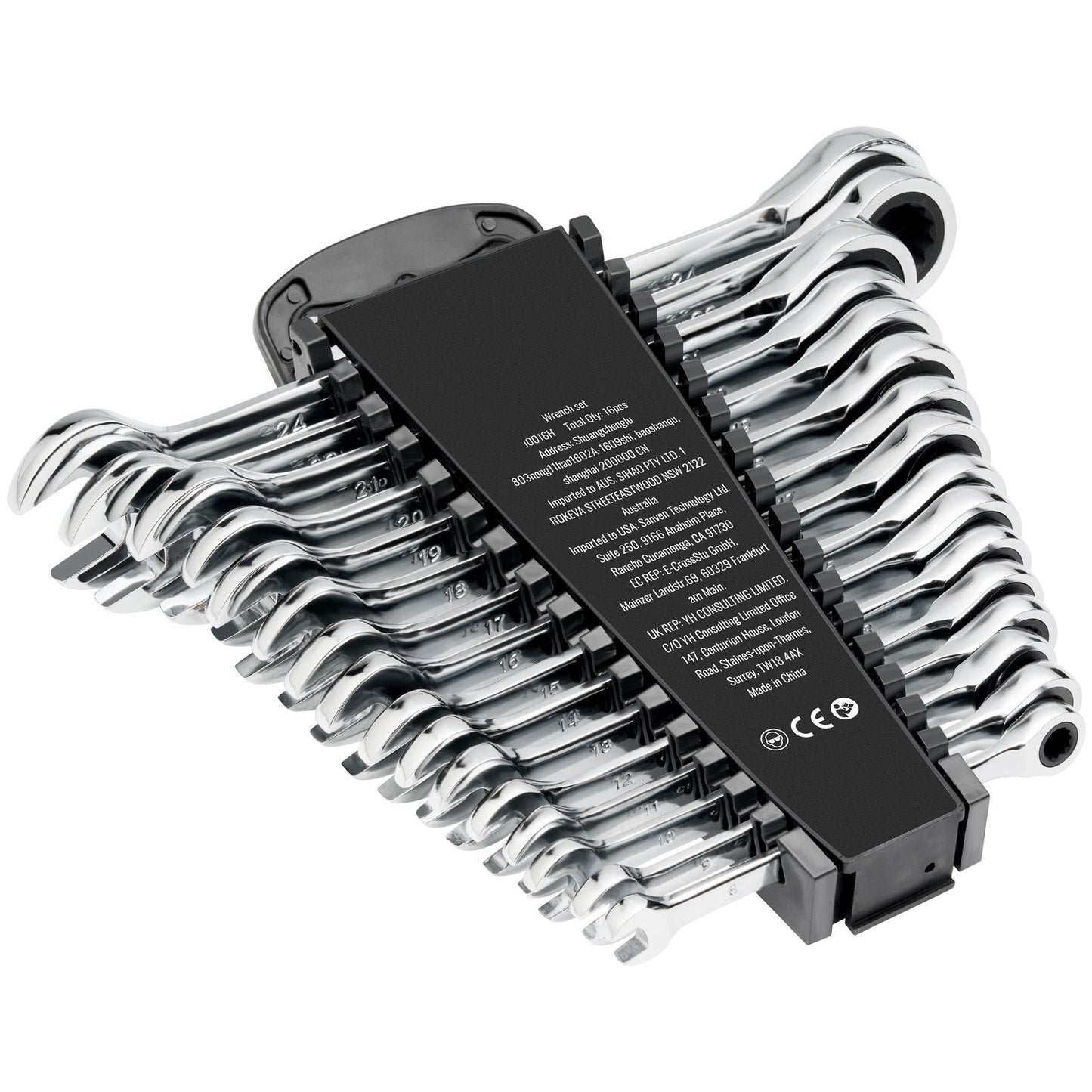 Combination Wrench Set, 16-Piece Ratcheting Wrench Set with Organizer Rack, Cr-V Steel Wrench Set Metric 8 mm to 24 mm, Ideal for General Household, Garage, Workshop, Auto Repairs, Emergency