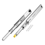 Full extension drawer slides with secure locking mechanism and ball bearing design.