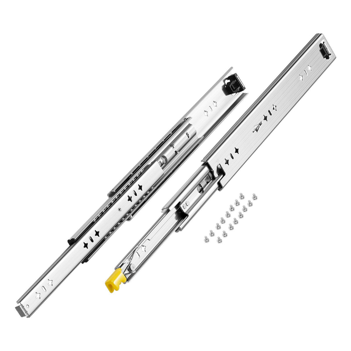 Full extension drawer slides with secure locking mechanism and ball bearing design.