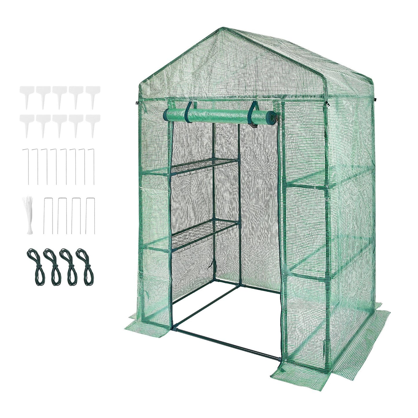 Walk-in Green House, 4.6 x 2.4 x 6.7 ft Greenhouse with Shelves, Set Up in Minutes, High Strength PE Cover with Doors & Windows and Steel Frame, Suitable for Planting and Storage, Green