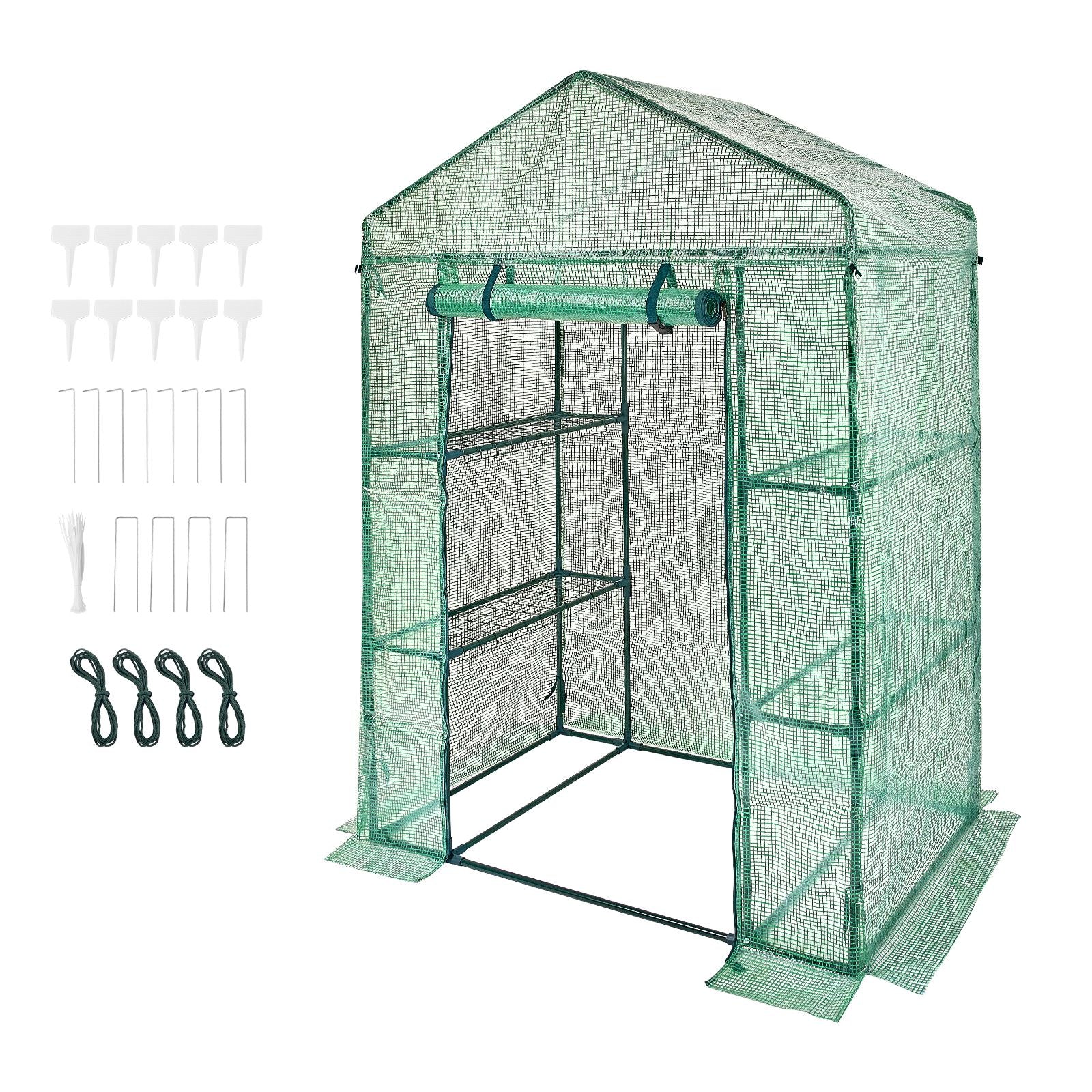 Walk-in Green House, 4.6 x 2.4 x 6.7 ft Greenhouse with Shelves, Set Up in Minutes, High Strength PE Cover with Doors & Windows and Steel Frame, Suitable for Planting and Storage, Green