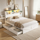 Artiss Queen Bed Frame with Storage Drawers White Platform Bedframe with Bookcase Headboard Charging Station Led Light