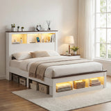 Artiss Queen Bed Frame with Storage Bookcase Headboard and Footboard White Wooden Platform Bed with Charging Station and Led Light Bedroom Furniture