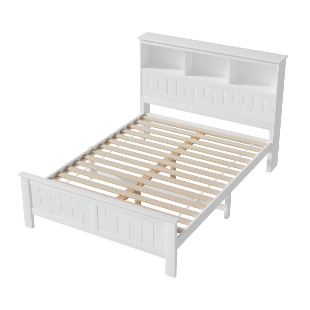 Artiss Bed Frame Double Size Wooden with 3 Shelves Bed Head White