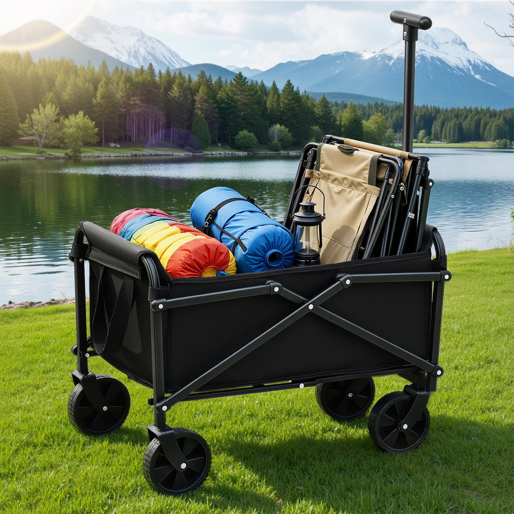 Gardeon Garden Cart Folding Trolley Camping Wagon Barrow Outdoor Beach Black