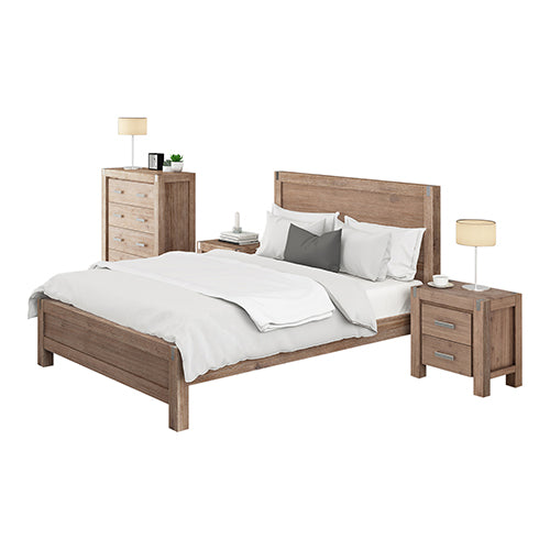 5 Pieces Bedroom Suite in Solid Wood Veneered Acacia Construction Timber Slat Double Size Oak Colour Bed, Bedside Table,