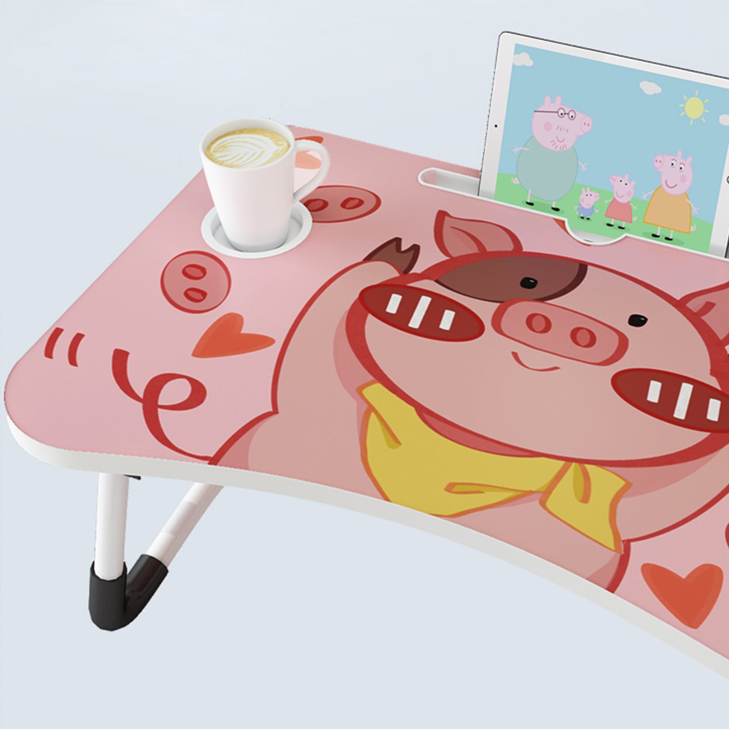 SOGA Cute Pig Design Portable Bed Table Adjustable Foldable Bed Sofa Study Table Laptop Mini Desk with Drawer and Cup Slot Home Decor