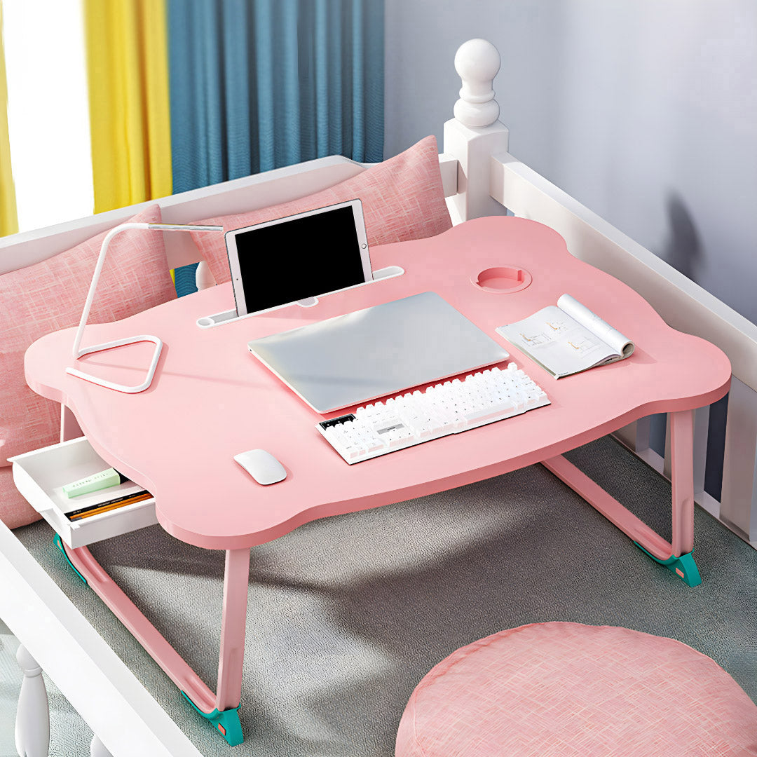 SOGA 2X Pink Portable Bed Table Adjustable Folding Mini Desk With Mini Drawer and Cup-Holder Home Decor