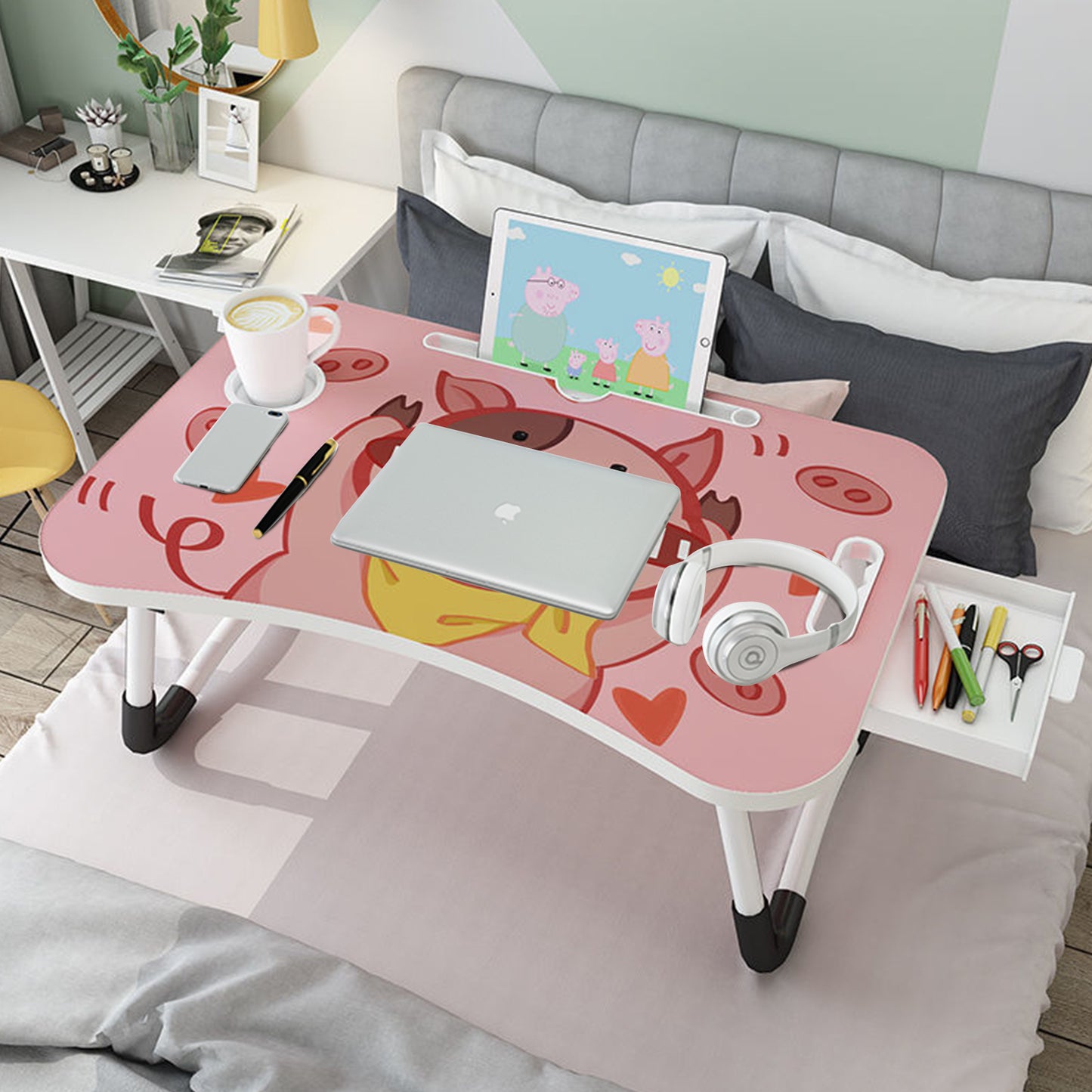 SOGA 2X Cute Pig Design Portable Bed Table Adjustable Foldable Bed Sofa Study Table Laptop Mini Desk with Drawer and Cup Slot Home Decor