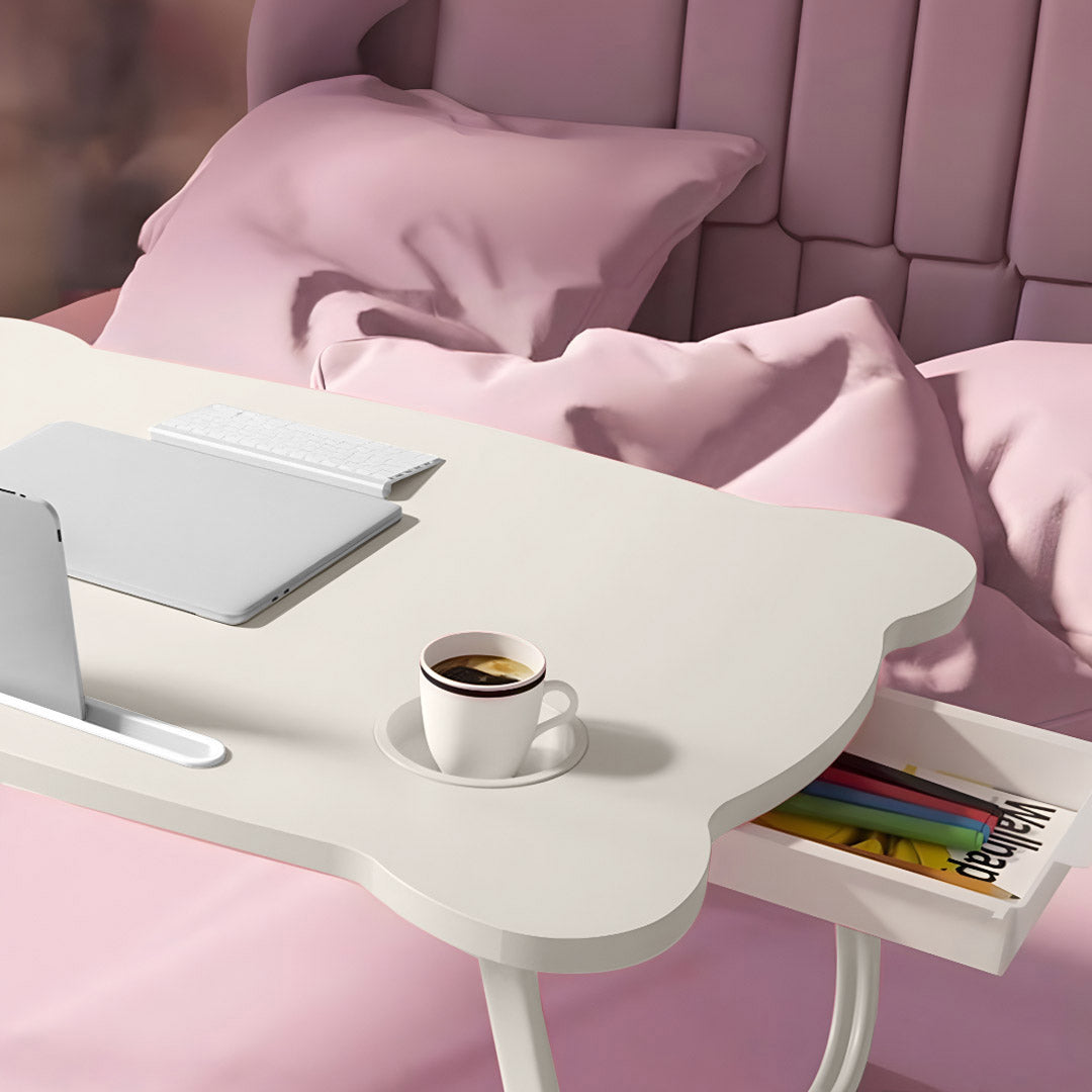 SOGA 2X White Portable Bed Table Adjustable Folding Mini Desk With Mini Drawer and Cup-Holder Home Decor