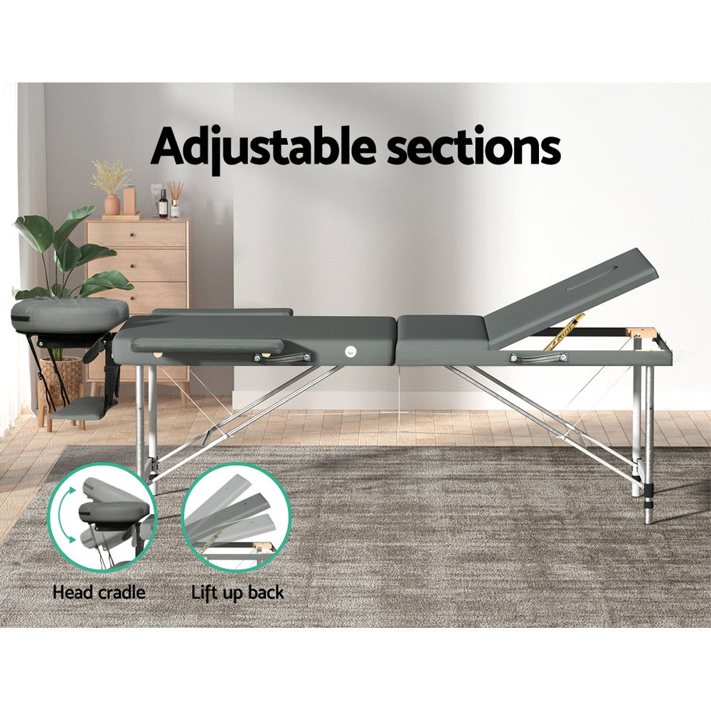 Zenses Massage Table 75cm Portable 3 Fold Aluminium Beauty Bed Grey