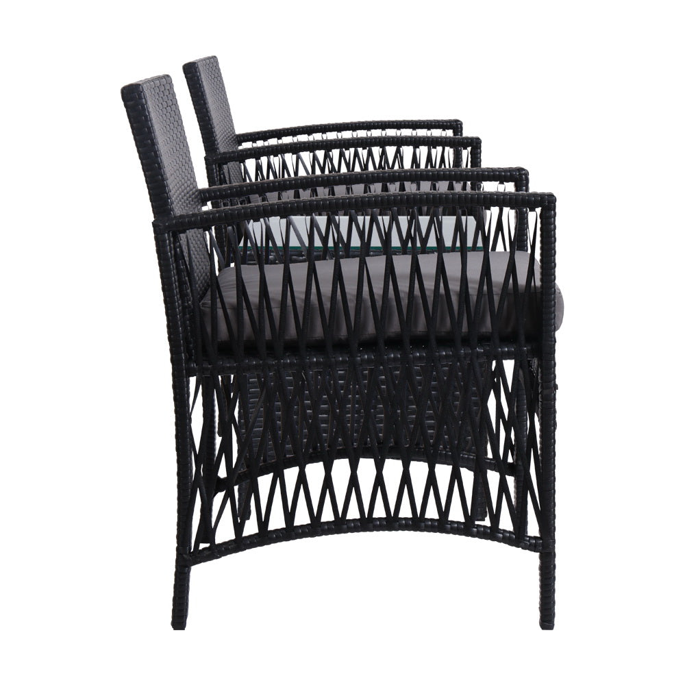 Gardeon 3PC Outdoor Bistro Set Patio Furniture Wicker Dining Chairs Table Cushion Black