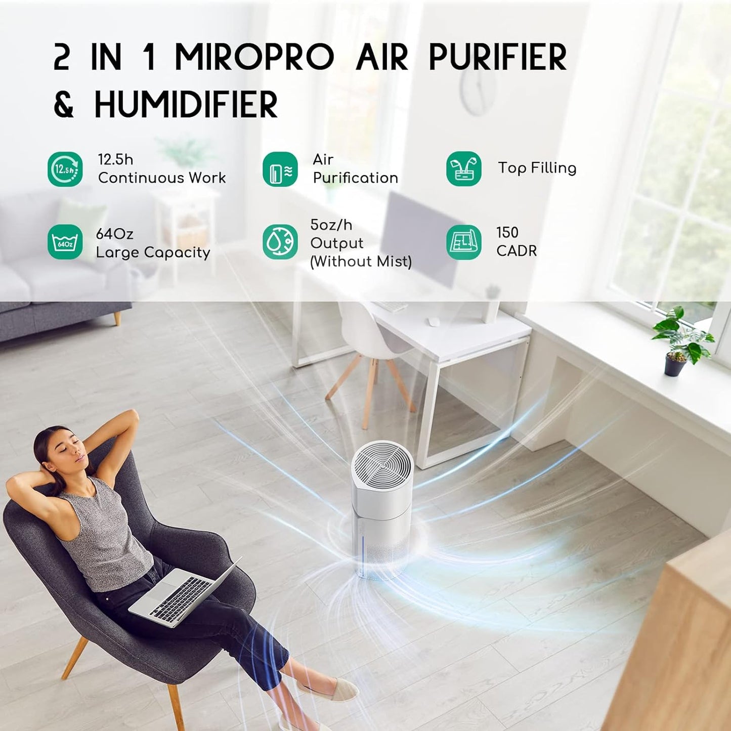 Air Purifier Humidifier Combo, 2-in-1 HEPA