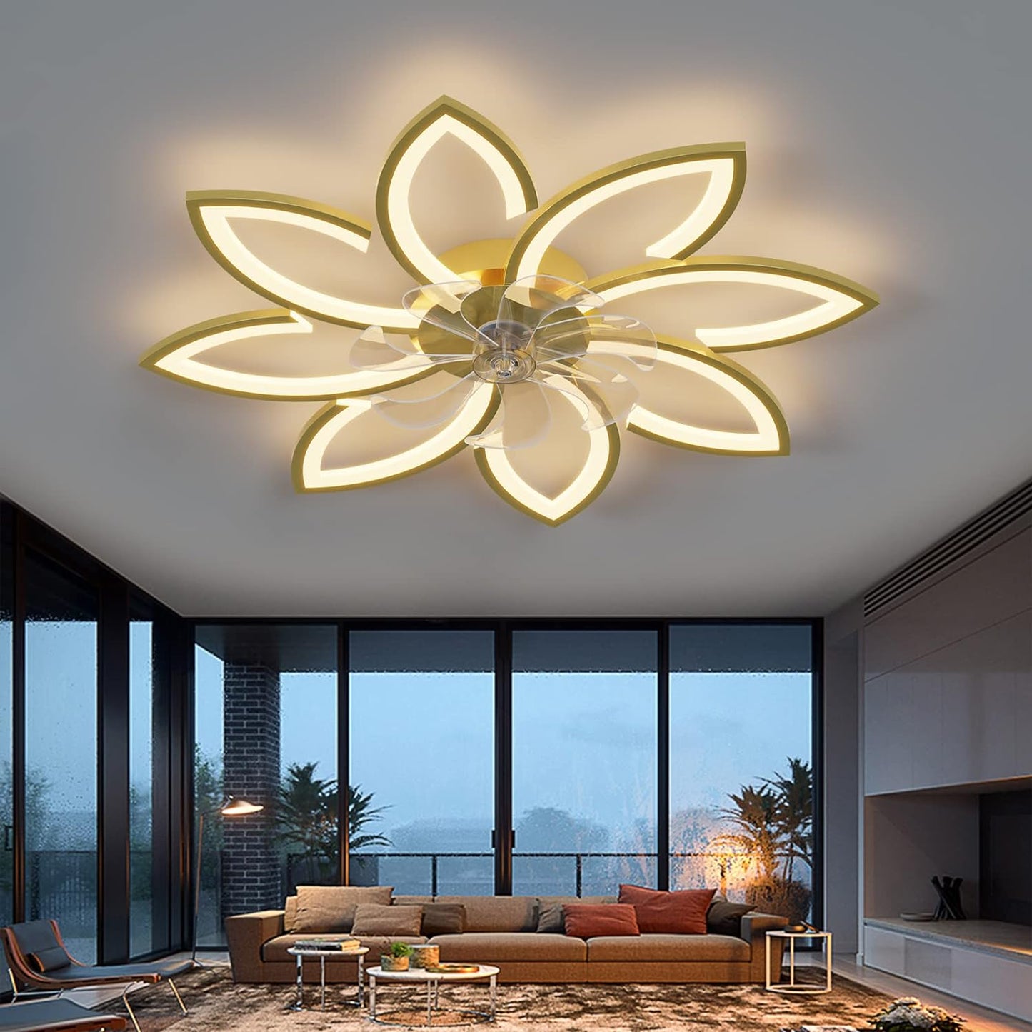Modern Ceiling Light Fan, Low Profile, 6 Wind Speed, 3 Color (90cm, Gold)