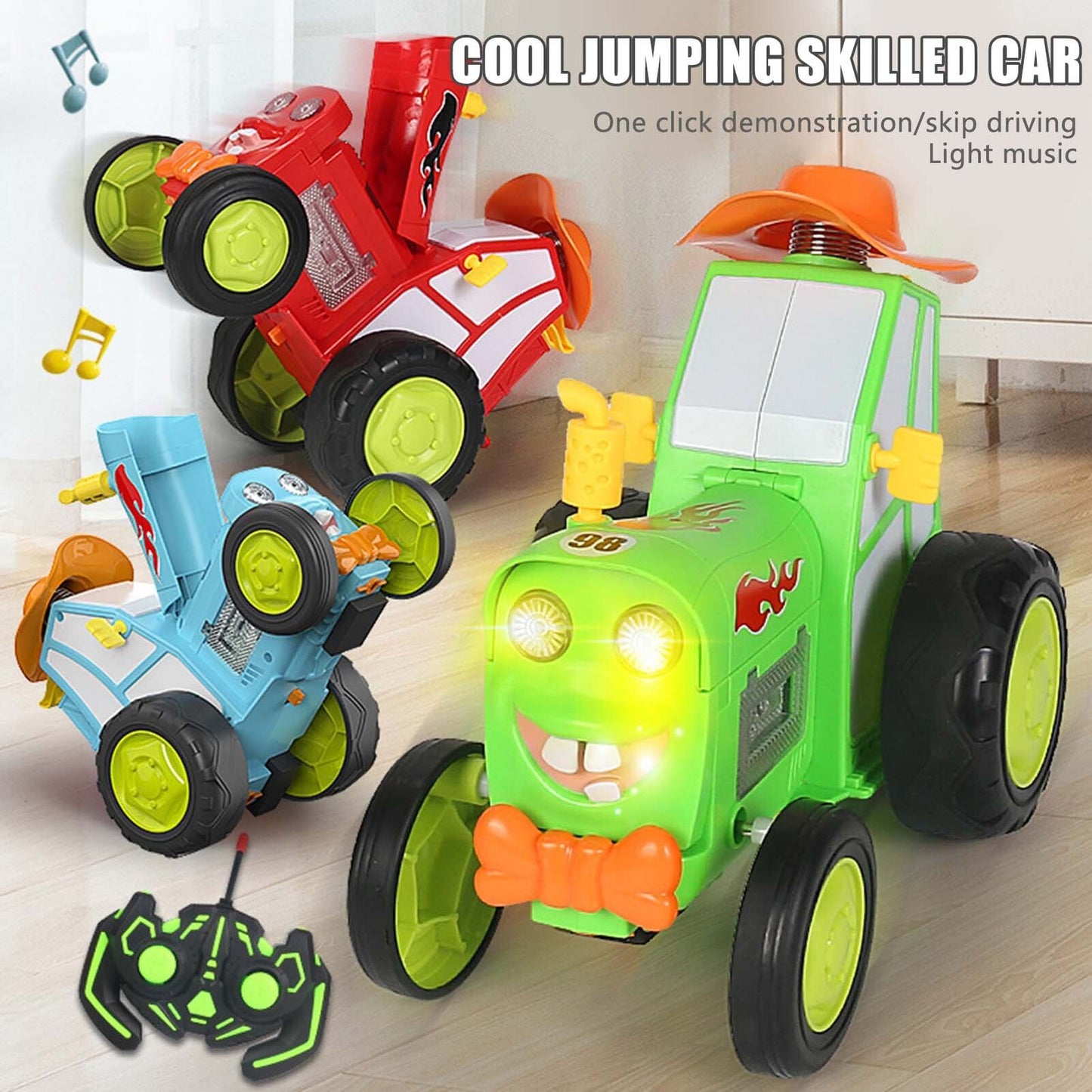 Green 360 Rotating Crazy Jumping Car with Light Music Remote Control RC Stunt Car AU