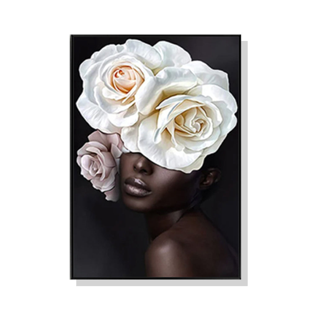 Wall Art 90cmx135cm Flower African Woman Black Frame Canvas