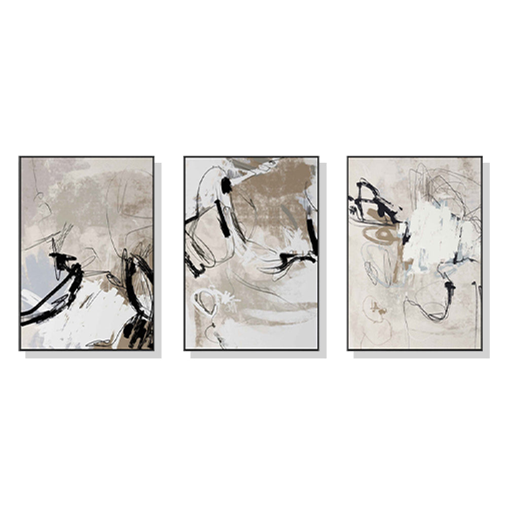 Wall Art 80cmx120cm Modern Abstract Beige 3 Sets Black Frame Canvas