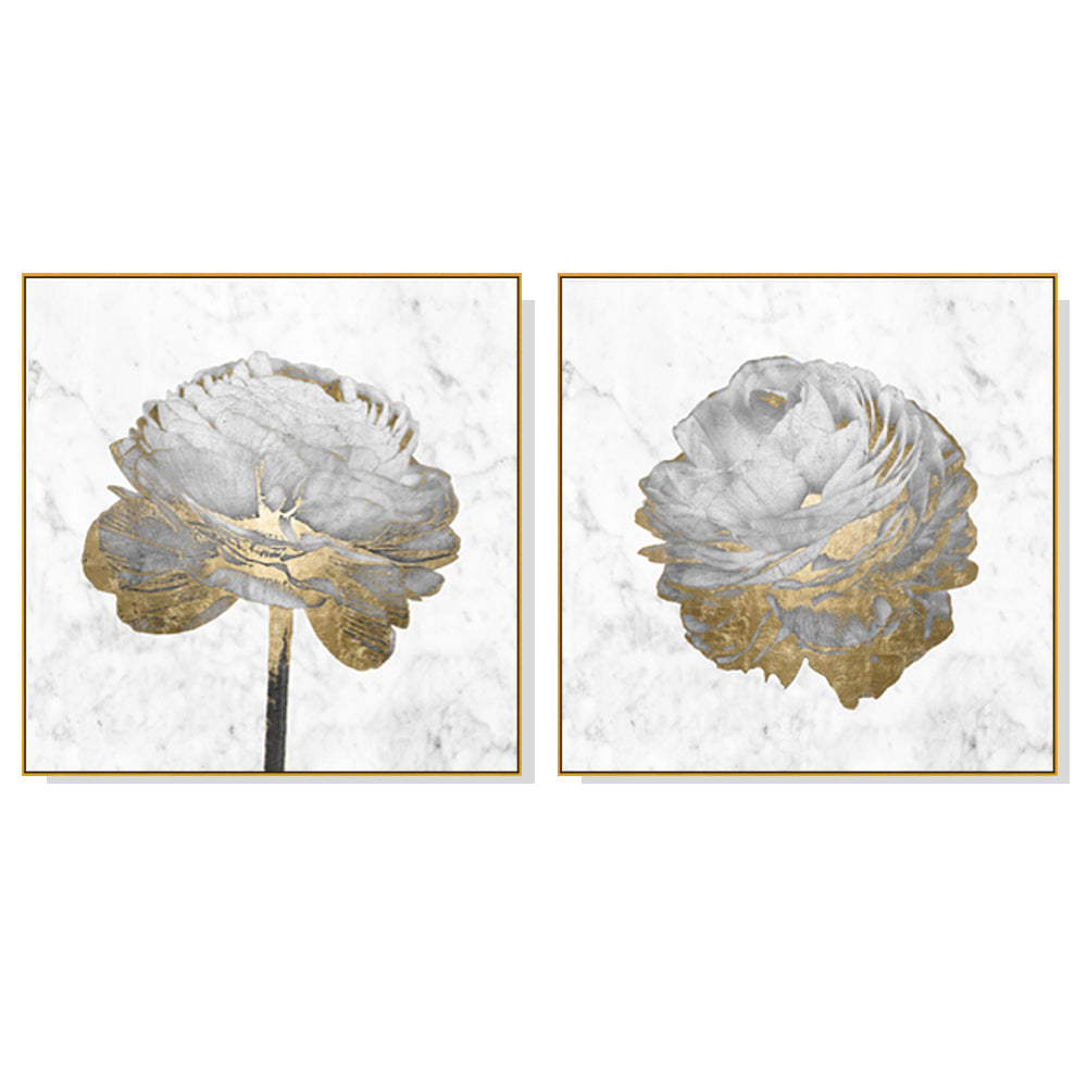 Wall Art 90cmx90cm Gold And White Blossom On White 2 Sets Gold Frame Canvas