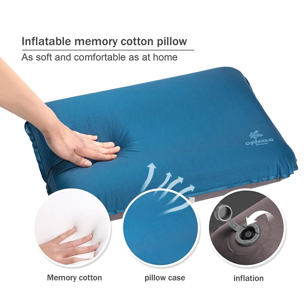 Self Inflating Camping Pillow with Ergonomic 4D Support - Blue