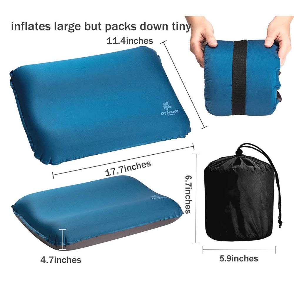 Self Inflating Camping Pillow with Ergonomic 4D Support - Blue