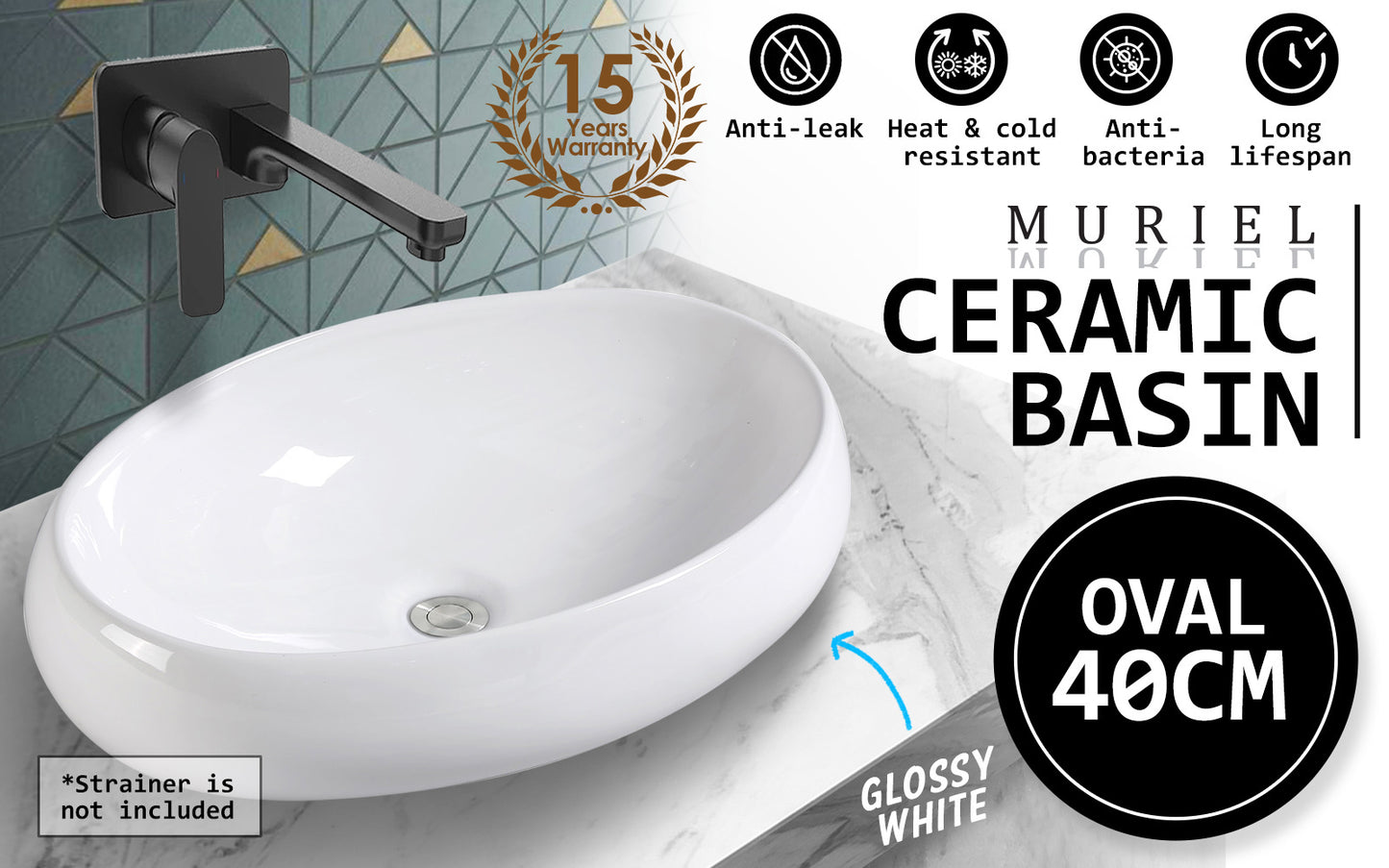 Muriel 40 x 30 x 13cm White Ceramic Bathroom Basin Vanity Sink Oval Above Counter Top Mount Bowl