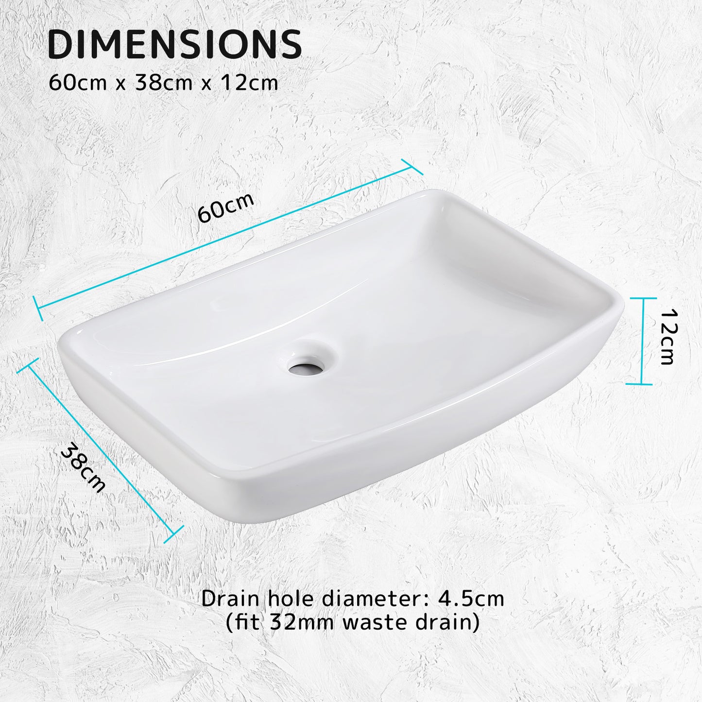 Muriel 60 x 38x 12cm White Ceramic Bathroom Basin Vanity Sink Above Counter Top Mount Bowl