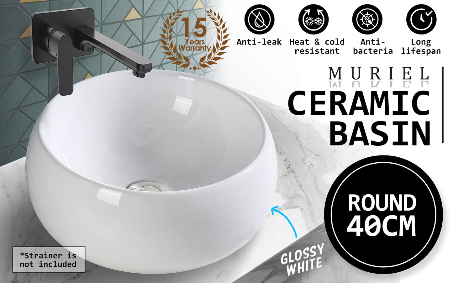 Muriel 40 x 40 x 15.5cm White Ceramic Bathroom Basin Vanity Sink Round Above Counter Top Mount Bowl