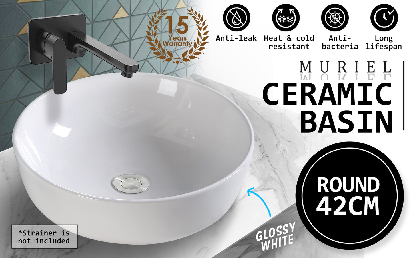 Muriel 42 x 42 x 13.5cm White Ceramic Bathroom Basin Vanity Sink Round Above Counter Top Mount Bowl