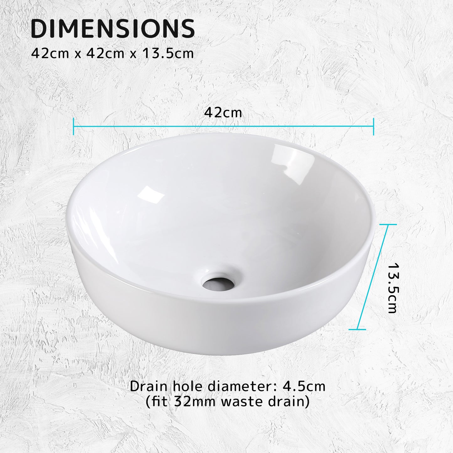 Muriel 42 x 42 x 13.5cm White Ceramic Bathroom Basin Vanity Sink Round Above Counter Top Mount Bowl
