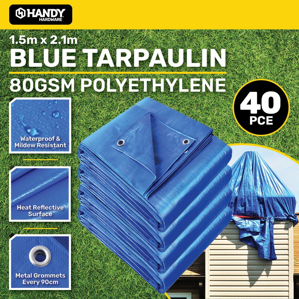 Handy Hardware 40PCE 80GSM BlueTarpaulin UV Resistant Waterproof 1.5 x 2.1m