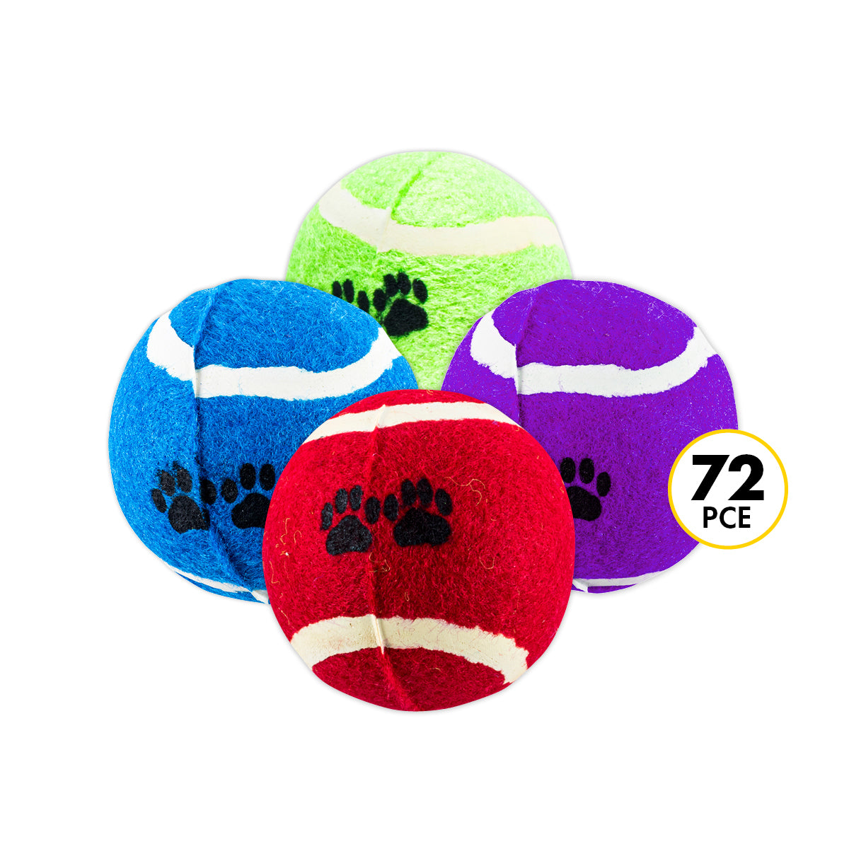 Pet Basic 72PCE Tennis Balls Brightly Coloured Paw Print Design Fetch 6cm