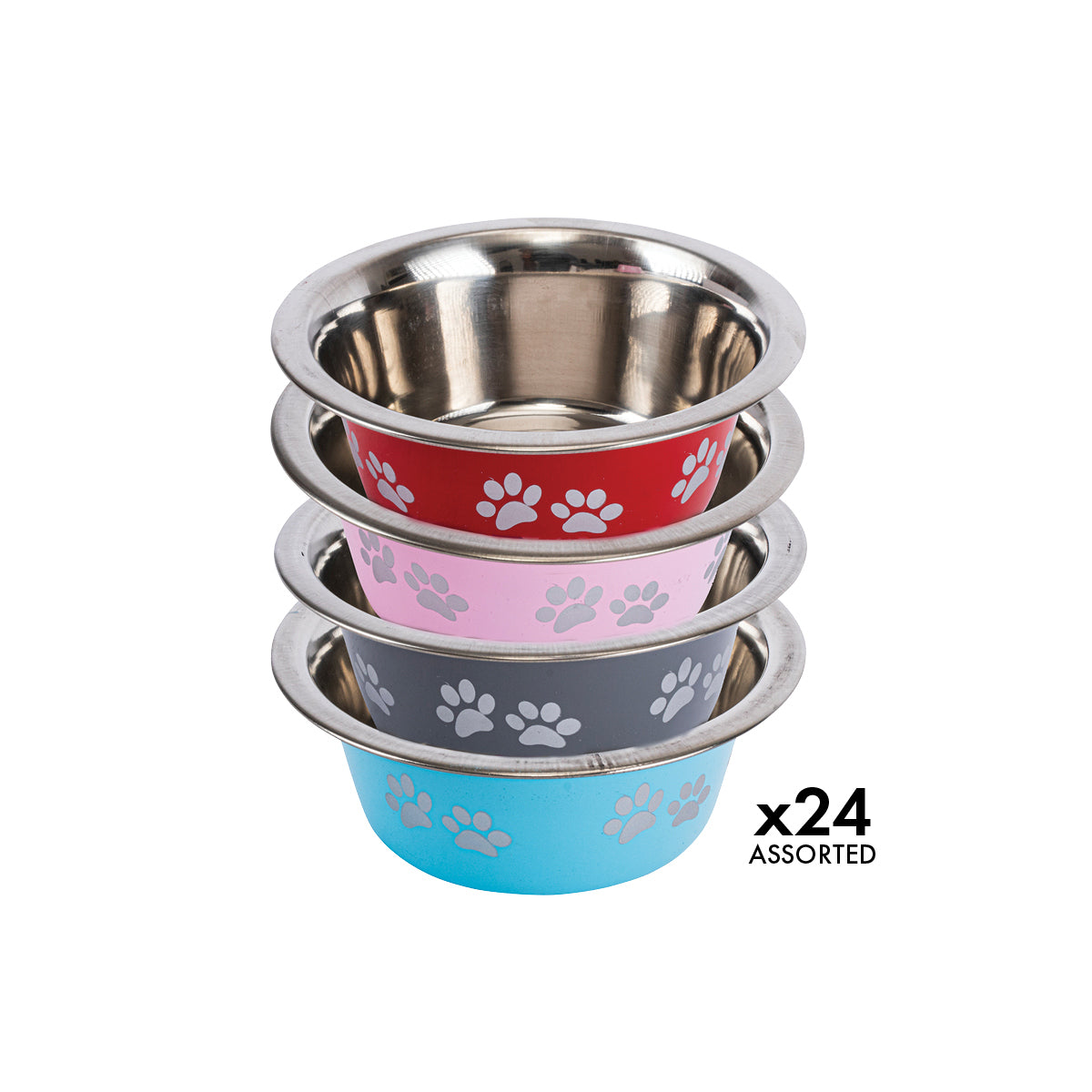 Pet Basic 24PCE Pet Bowls 13cm Stainless Steel Coloured With Paw Prints 350ml