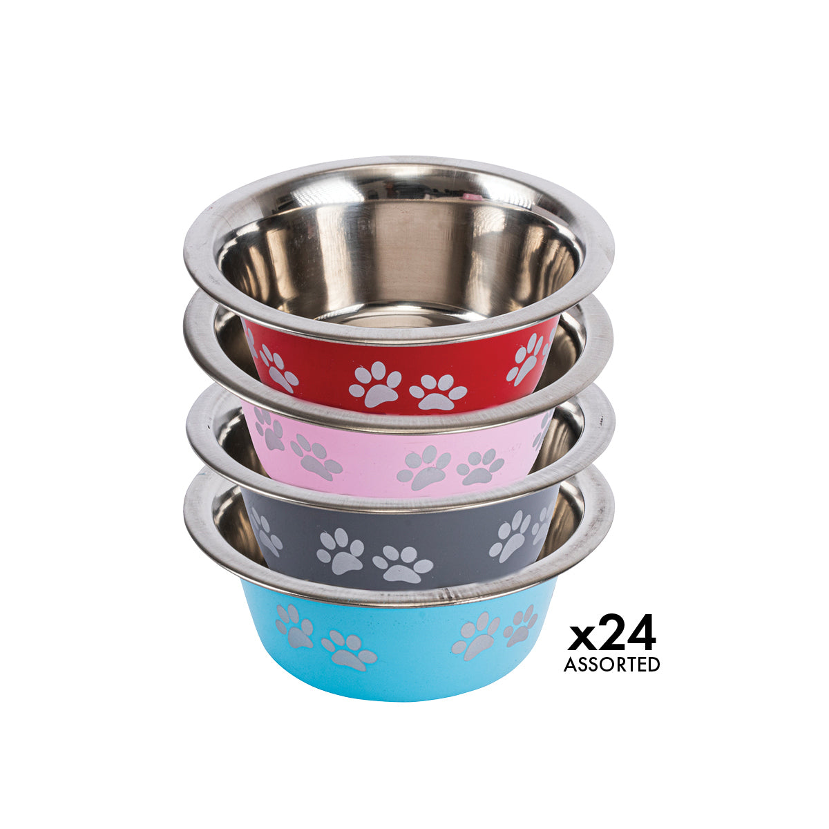 Pet Basic 24PCE Pet Bowl 16.5cm Stainless Steel Coloured With Paw Print 700ml