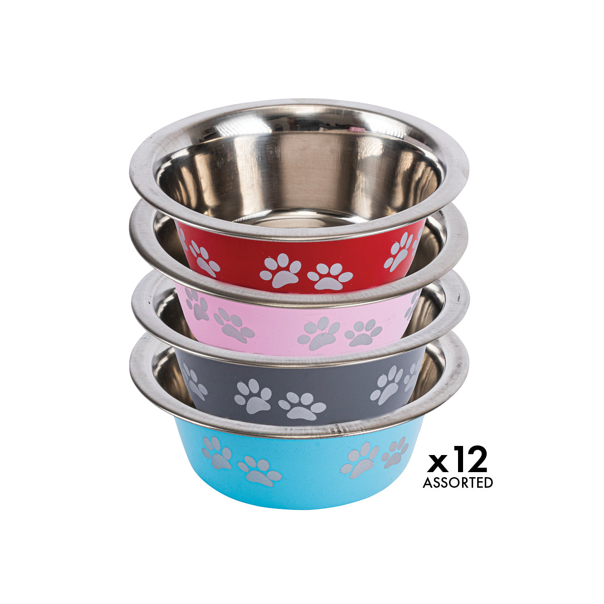 Pet Basic 12PCE Pet Bowl 20cm Stainless Steel Coloured With Paw Prints 1500ml