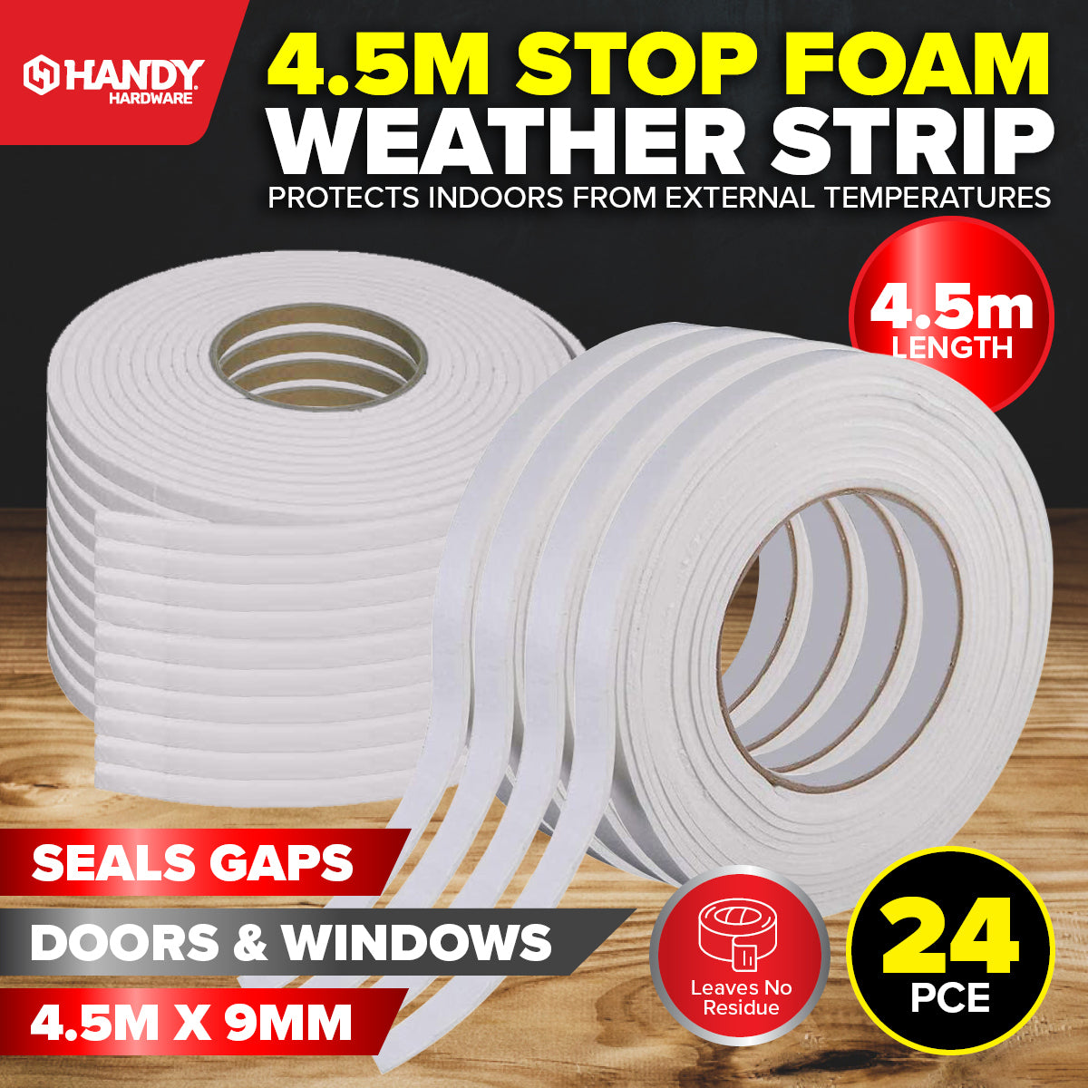 Handy Hardware 24PCE Weather Draught Stop Strip Foam Gap Sealant 4.5m
