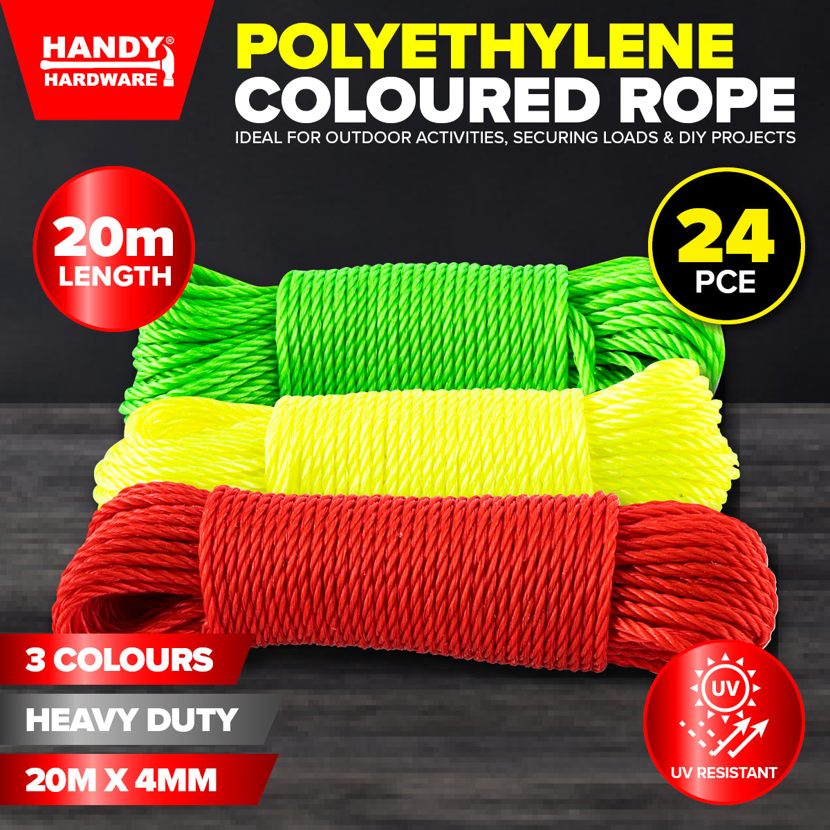 Handy Hardware 24PCE Polyethylene Rope High Visibility Reflective Colours 20m