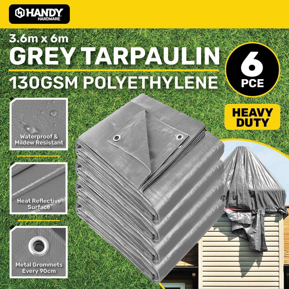 Handy Hardware 6PCE 130GSM Grey Tarpaulin UV Resistant Waterproof 3.6 x 6m