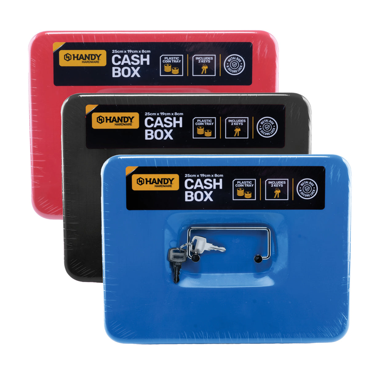 Handy Hardware 6PCE Metal Cash Box With Keys Assorted Colours 250 x 190mm