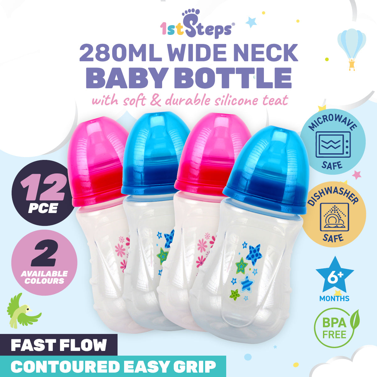 1st Steps 12PCE 280ml Baby Bottles Wide Neck Fast Flow Teat BPA Free