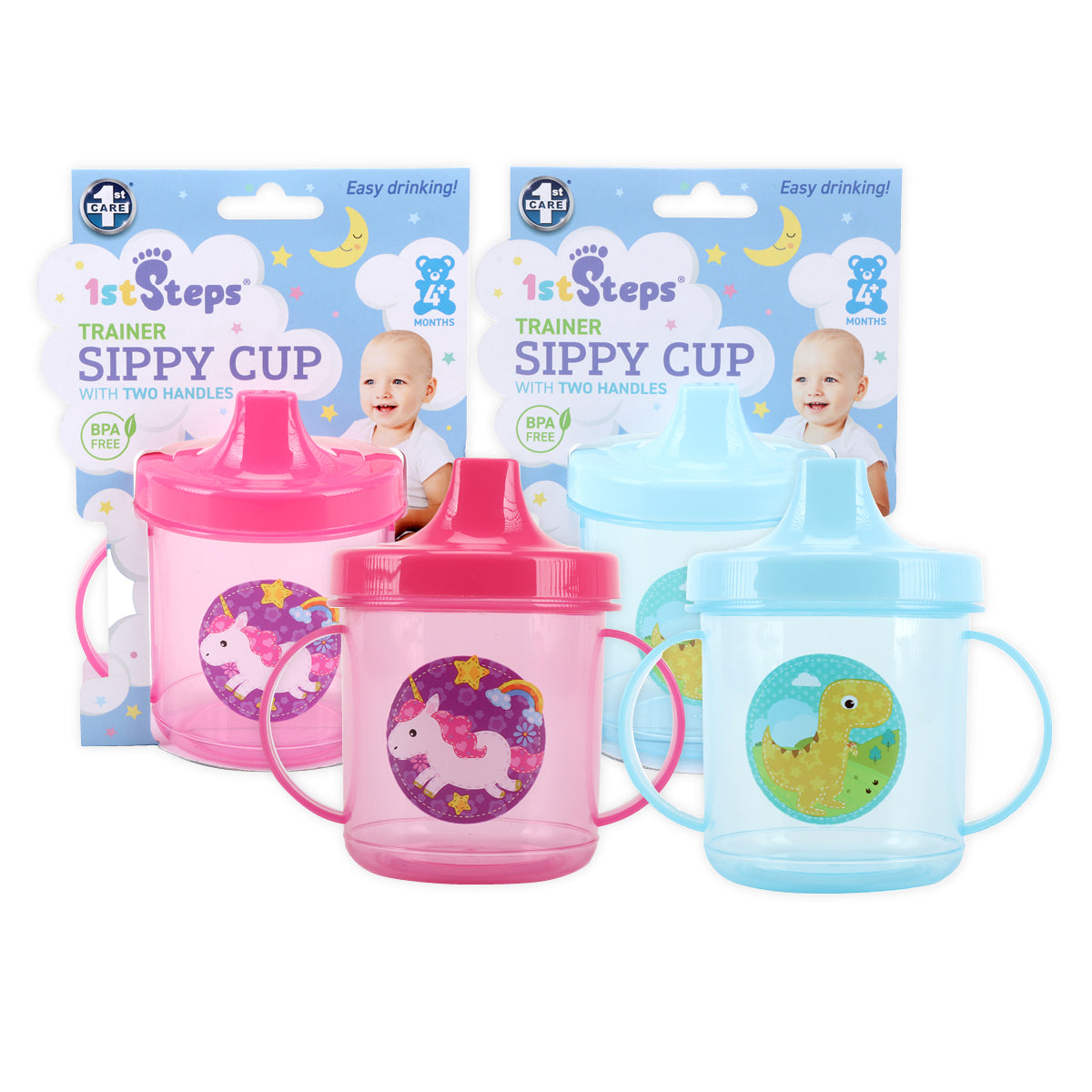 1st Steps 12PCE 245ml Sippy Cups Double Handles Dinosaur & Unicorn Designs
