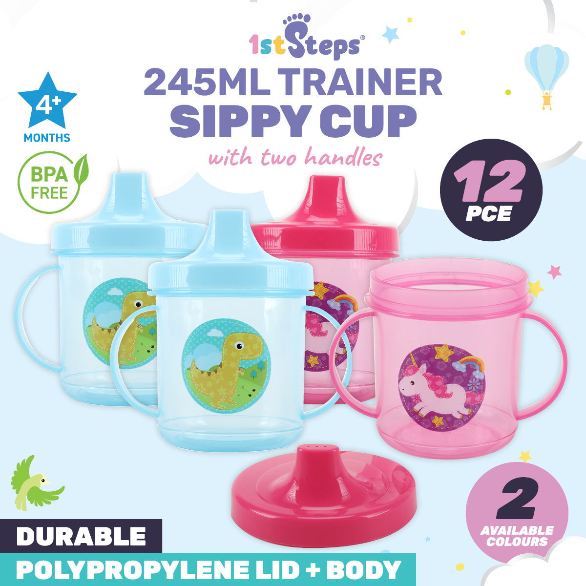 1st Steps 12PCE 245ml Sippy Cups Double Handles Dinosaur & Unicorn Designs