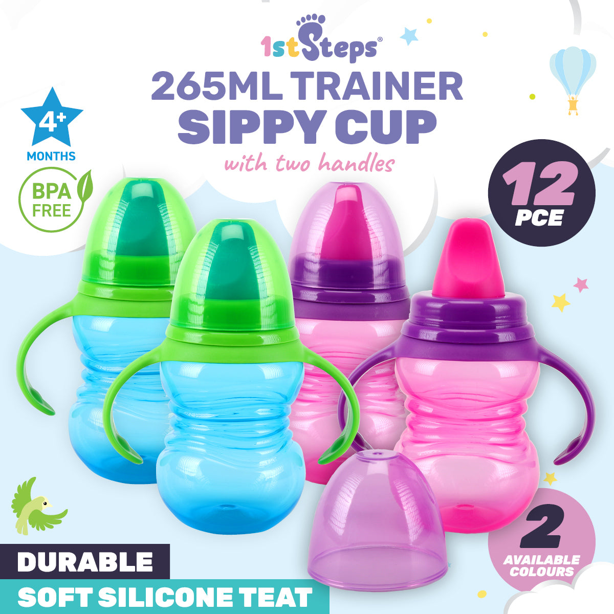 1st Steps 12PCE 265ml Sippy Cups Removable Handles Soft Silicone Teats