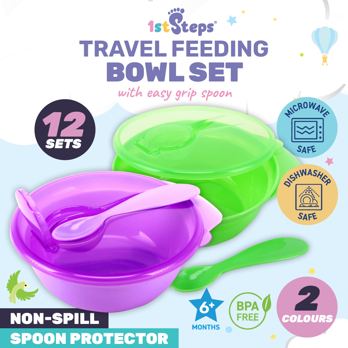 1st Steps 12PCE Travel Feeding Bowl Sets Matching Spoons Leak Proof Design
